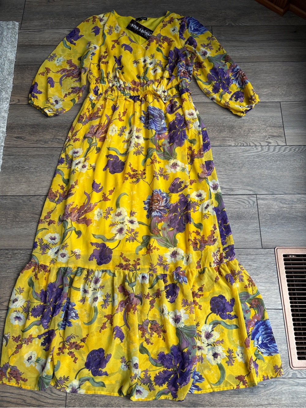 NWT Nina Leonard Chiffon Maxi Dress Yellow Floral V-Neck Ruffle Cottagecore Sz M